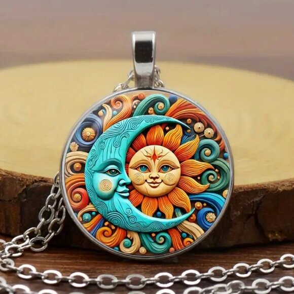 Silver CELESTIAL Sun Moon Glass Cabochon Pendant Necklace - Picture 1 of 3